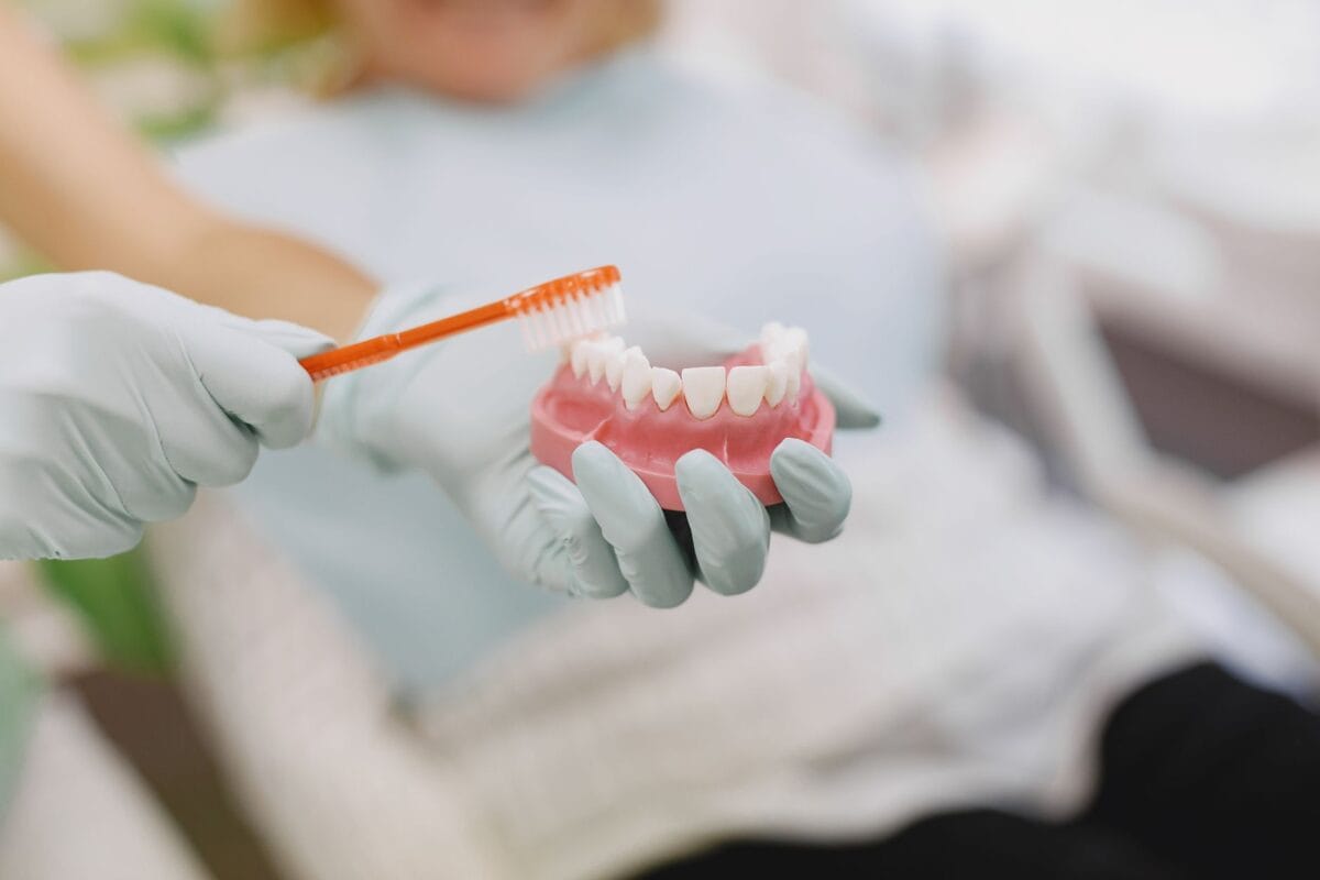 Family Cosmetic Dentistry Worcester: Protecting Smiles for Life - Friendly Dental of Worcester Gloved hand demonstrates brushing on a dental model with an orange toothbrush